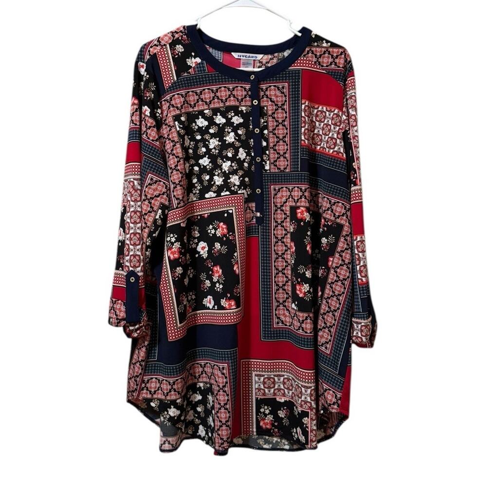 Nygard Women Size 2X Lightweight Tunic Top Blouse Patchwork Floral Office Career